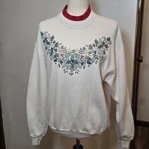 Womens 90s Vintage White Red Floral Grannycore Christmas Crewneck Sweatshirt M